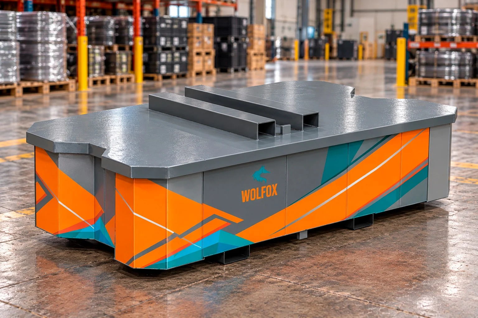 Contenedor WOLFOX DRYCORE BEETLE T600 de perfil horizontal y colores corporativos, en una bodega industrial
