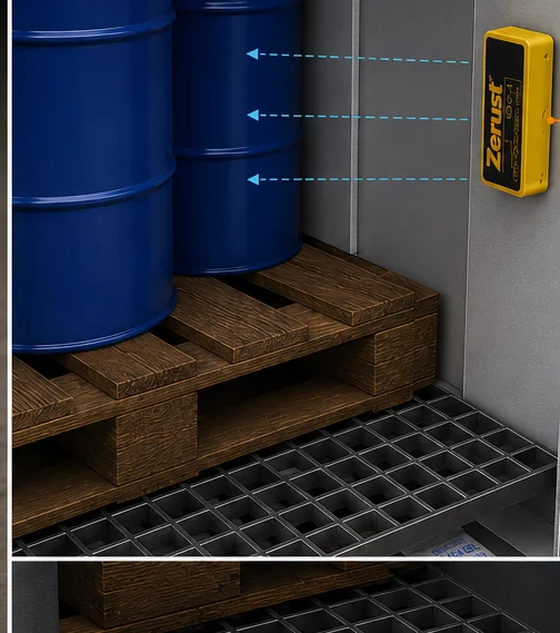 Detalle ilustrativo de una cápsula VCI instalada dentro de un contenedor industrial