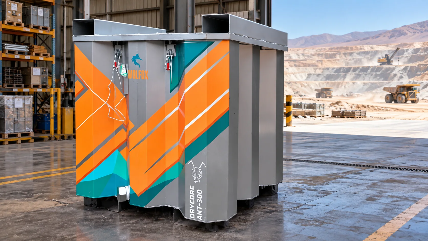 Visualización de un contenedor industrial WOLFOX DRYCORE en instalaciones mineras del desierto de Atacama